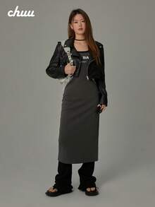 CHUU Letter Print Dress Women Autumn Niche Colorblock Patchwork Slit Long Sleeve Dress - Dark Grey - View 5