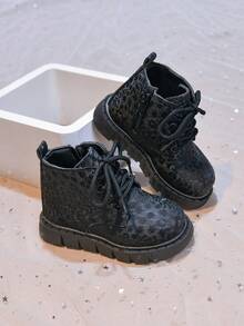 Girls' Stylish Leopard Print Ankle Boots, Autumn/Winter New Single Layer Leather Boots, Versatile Boots For Kids, Boys' Leather Boots - Black - View 2