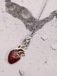 Unique Gothic Bat & Red Heart Pendant Necklace - Perfect Halloween Accessory For Men, Punk Style - Multicolor - View 2