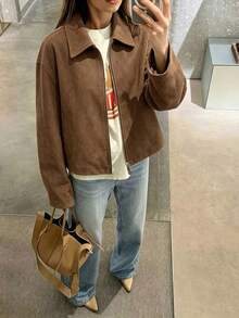 Fashionable Women's Brown Long Sleeve Zip-Up Collar Knit Fabric Jacket, Regular Length, Non-Stretch, Suitable For Autumn/Winter Wear - Brown - View 7