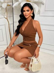 Elegant Halter Neck Ruched Button Bodycon Two Pieces Set For Women, Casual Sexy Fall Outfit With Slight Stretch Fabric - Brown - View 10