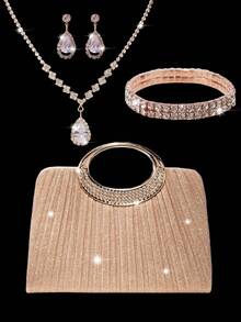 Luxury Rhinestone & Sequin Handbag, Elegant Pleated Women's Evening Clutch, Paired With 3-Piece Jewelry Set: Necklace, Earrings And Bracelet, Luxury Sparkling Crystal Women's Evening Clutch, Suitable For Various Parties, Romantic Weddings, Spring/Summer Chain Shoulder Bag, Bridal Handbag And Formal Celebration Occasions - Rose Gold - View 9