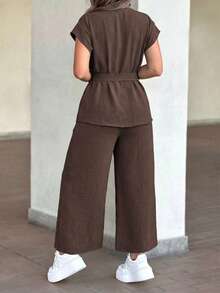 Lily House Women's Autumn/Summer 2-Piece Set, V-Neck Short Sleeve Tie-Front Blouse + High-Waisted Wide-Leg Pants, Elegant Casual, Suitable For Office And Back To School - Brown - View 6