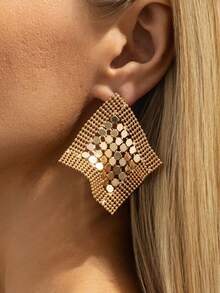 1 Pair Metal Mesh Earrings, Fashion Metal Rhinestone Sequin Tassel Earrings, Exaggerated Metal Plate Earrings, Gold Earrings - Gold - View 2