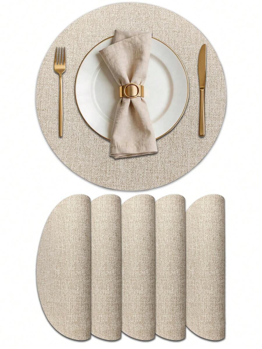 1/2/4/6pcs 15-Inch Round Vintage Placemats, Washable Heat-Resistant Insulated Pads, Suitable For Western Restaurants And Hotel Decor - Apricot - View 1