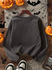 [Halloween]Tween Boy 1pc Casual Pumpkin Print Long Sleeve T-Shirt, Spring/Autumn, Young Student Children's Clothing, Fashionable Warm Comfortable Fit Top For Big Kids/Teen Boys - Dark Grey - View 3