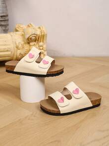 Girls' Double Hook & Loop Heart-Shaped Sandals, Soft Cork Arch Support, Non-Slip Flat Bottom Slippers, Summer Outdoor Casual Slides, Adjustable Strap Soft Sole Indoor/Outdoor Beach Flip-Flops - Apricot - View 3