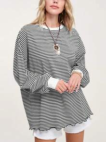 Fashion Striped Colorblock Loose Casual Slouchy Base Layer Sweatshirt For Women - Black Stripes - View 1