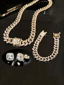 3pcs Full Iced Out Cuban Chain Jewelry Set,Unisex Necklace/Bracelet/Studs Earring,Perfect For Rappers Stage Performance,Daily Street Matching&Gifting - A - View 7