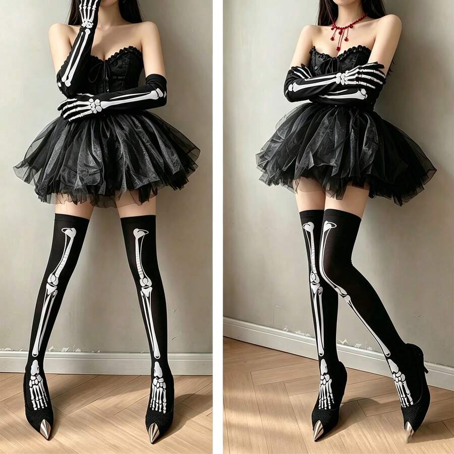 Halloween Skeleton Dance Accessory Set, Long Printed Gloves + Over-The-Knee Socks + Blood Drop Necklace, High Elasticity Slim Fit Breathable Fabric, Clear Skeleton Pattern; Suitable For Jazz Dance, Stage Performance, Party Runway, Dark Atmosphere, Halloween Theme Dance Outfit Full Set Accessories - Set a - View 1