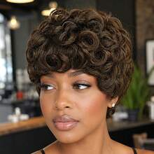 AMECIRE Brown Wig Pixie Cut Wig Human Hair Wig Curly Wig With Bangs Fashionable Styling Mechanical Manufacturing Suitable For Everyday Wear And Holidays - S4 - View 2