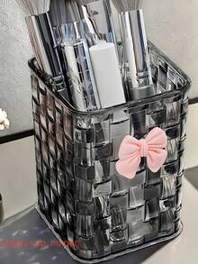 1pc Luxury Woven Texture Transparent Storage Box, Multi-Functional Stationery And Cosmetic Organizer, Decorated With Cute Bow, Space-Saving And Tidy - Pen Holder - View 10