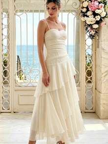 Women's Elegant Asymmetrical Ruffle Strap Dress, Versatile Design Suitable For Party, Beach, Vacation In Summer Wedding - Apricot - View 2