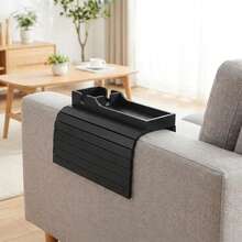 Bamboo Couch Cup Holder Anti-Slip Foldable Sofa Armrest Tray Organizer With 3 Grooves For Drinks Snacks Remote Multi-Size Fit Sturdy Durable Easy To Store Black For Living Room Home Office - Black - View 8