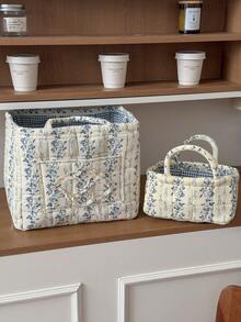1pc Set French Vine Storage Basket Vintage Blue White Floral Quilted Handheld Portable Cosmetic Sundries Desktop Organizer Container Box Home Decor Craft Gift - View 6