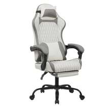 Silla ergonómica para juegos y oficina, fabricada en cuero sintético transpirable, equipada con reposapiés, estructura de acero y ruedas silenciosas, giratoria 360°, adecuada para la oficina en casa y para jugar. - Blanco - Ver 4