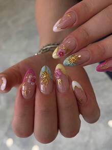 24pcs Medium Almond Shape Elegant Romantic Colorful French 3D Gold Trim Gentle Sunflower Rhinestone Embellished Press-On Nails, With Jelly Glue And Nail File, Suitable For Girls And Women To Wear For Daily Work, Holiday Dates, Party Gatherings And Other Occasions - Multicolor - View 1