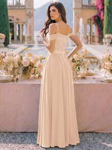 Đầm dạ hội maxi voan chiffon đính sequin ren hoa, trễ vai, gấu nhún, đầm phù dâu, váy dạ hội cưới mùa thu trang trọng - Rượu sâm banh - Xem 2