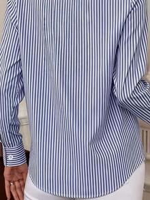 Women's Blue & White Striped Long Sleeve Shirt Collar Blouse, Collegiate Style Polyester Top, Autumn Fashion Choice - Blue - View 10