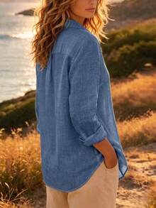 Loose Fit Women's Cardigan, Long Sleeves With Roll-Up Option, Denim-Effect Color Fabric, Suitable For Autumn Casual Wear - Blue - View 2