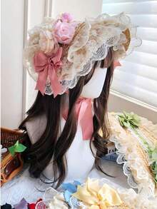 LOLITA 田園風多色可愛花卉蕾絲蝴蝶結平頂草帽，Lolita髮飾，春夏秋冬四季森系Lolita髮飾，編織防曬裝飾帽，優雅蕾絲服裝搭配頭飾 - A - 查看 12