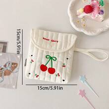 1pc Cute Cream White Quilted Sanitary Pad Storage Bag, Cartoon Embroidered Period Pad Organizer With Handle, Snap Button Flap Mini Makeup Pouch, Fits Lipstick, Hair Clips, Swabs, Portable Multi-Functional Storage Bag For Teenage Girls, Travel, College Dorm, Daily Use,Back To School - Multicolor - View 5