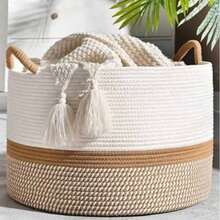 Bohemian Style Dual-Color Cotton Rope Storage Basket With Tassels And Rope Handles, Soft Woven Decorative Laundry Basket, Large Capacity Storage Basket For Blankets, Toys, Clothes, Plants, Housewarming Gift, Baby Shower Gift - Brown - View 1