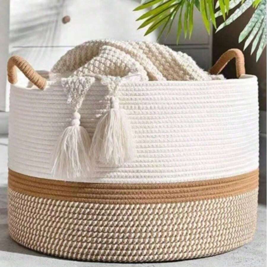 Bohemian Style Dual-Color Cotton Rope Storage Basket With Tassels And Rope Handles, Soft Woven Decorative Laundry Basket, Large Capacity Storage Basket For Blankets, Toys, Clothes, Plants, Housewarming Gift, Baby Shower Gift - Brown - View 1