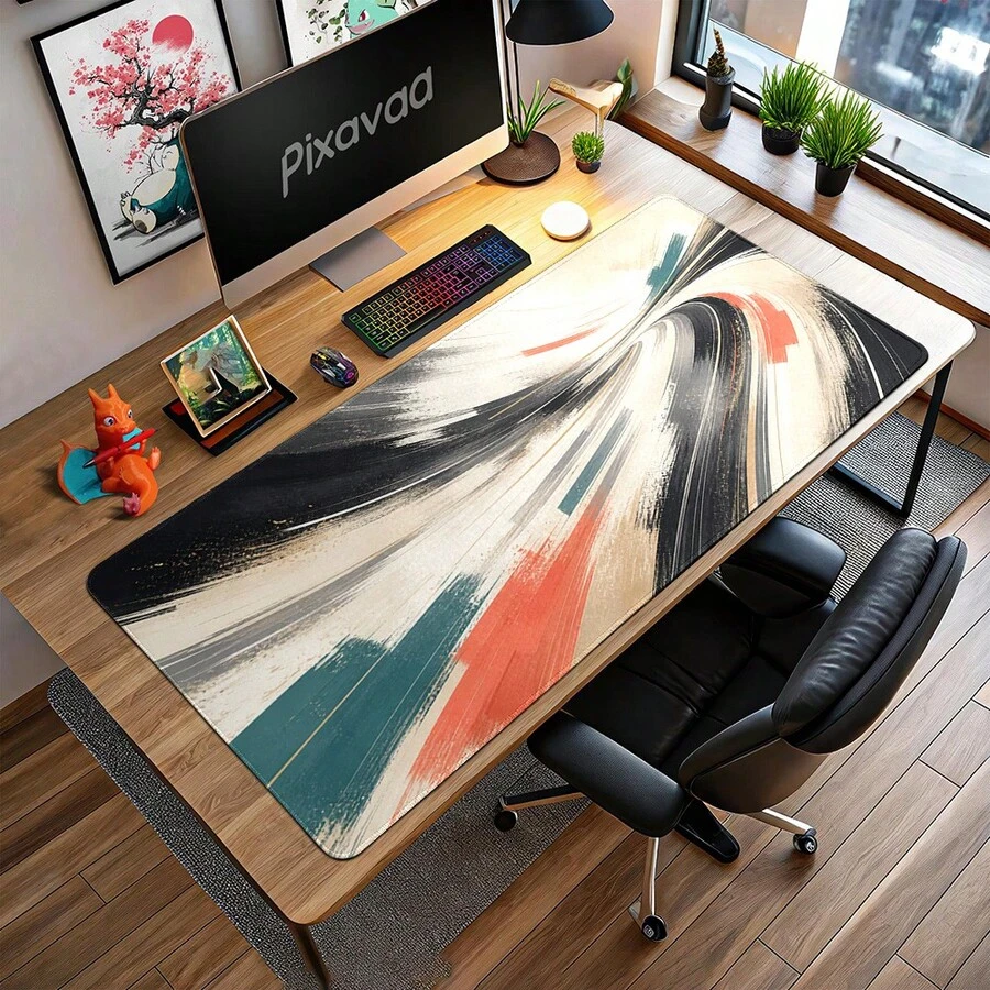 Ivory Sport Brush Large Mouse Pad, Abstract Motion Desk Mat With Coral Teal Accents, Extended Gaming Mouse Pad For Office And Study - View 1