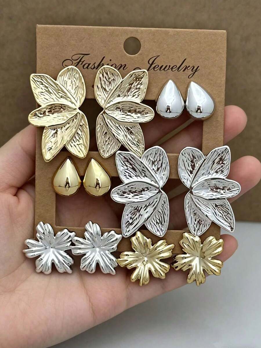 欧美风格 CCB 材质叶子、水滴、花朵耳环套装,金银双色,奢华优雅,轻盈耐用,适合日常、通勤、派对、时尚耳环搭配 - 彩色 - 查看 1