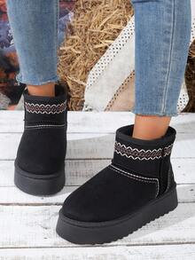 Women's Snow Boots, Anti-Slip Wear-Resistant Suede Embroidery Pattern Round Toe Short Shaft Thick Sole Snow Boots, Casual Bohemian Style, Autumn/Winter Camping Dating Home Outing Boots - Black - View 5