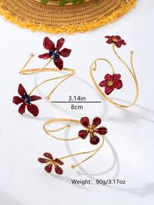 1pc Vintage Burgundy Enamel Floral Open Arm Cuff Bracelet, Dress Decorative Flower Armlet - Burgundy - View 2
