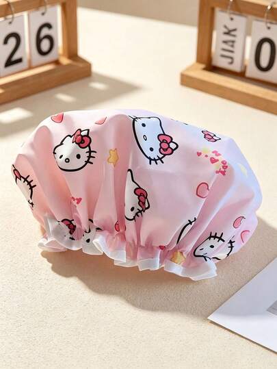 SANRIO 1件裝可愛 Hello Kitty 洗澡帽，高品質加厚雙層設計，附卡通愛心與星星圖案，女用家用洗澡帽