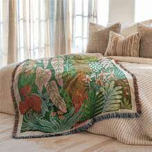 Vintage Tropical Jungle Plant Floral Woven Throw Blanket With Fringe, Fade Resistant, Anti-Pilling & Easy Care Multi-Purpose Decor Blanket For Bedroom, Sofa, Camping, Picnic, Wall Hanging Decor - Green - View 2