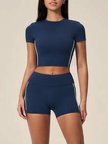 TimeOff Women's One Set Contrast Color Side Double Stripe Crew Neck Short Sleeve Butt-Lifting Shorts Sports Set - Navy Blue - View 9