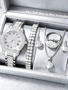 6pcs Women's Silver Luxury Watch Set, Roman Numeral Full Rhinestone Round Stainless Steel Band Silver Watch With Square Rhinestone Bracelet, Square Rhinestone Necklace, Rhinestone Earrings And Full Rhinestone Ring, Complete Set Of Exquisite Silver Jewelry For Hands And Neck, Suitable For Graduation, Birthday As A Light Luxury Gift For Women - Silver - View 1