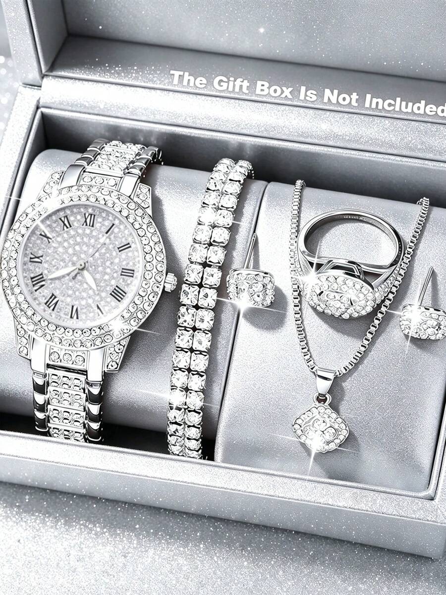 6pcs Women's Silver Luxury Watch Set, Roman Numeral Full Rhinestone Round Stainless Steel Band Silver Watch With Square Rhinestone Bracelet, Square Rhinestone Necklace, Rhinestone Earrings And Full Rhinestone Ring, Complete Set Of Exquisite Silver Jewelry For Hands And Neck, Suitable For Graduation, Birthday As A Light Luxury Gift For Women - Silver - View 1