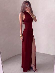 Vestido maxi elegante de unicolor con volantes en el bajo y cremallera, ropa de playa - Burdeos - Ver 5