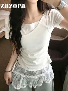 韓式女款夏季不對稱肩 2 合 1 修身百搭拼接短袖 T-shirt 白色休閒 - 白色 - 查看 1