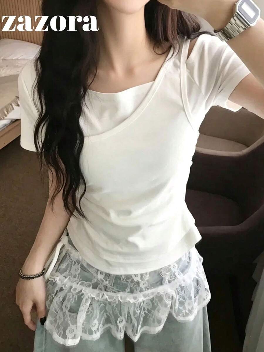 韓式女款夏季不對稱肩 2 合 1 修身百搭拼接短袖 T-shirt 白色休閒 - 白色 - 查看 1