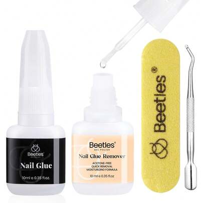 Beetles 2Pcs 10ml Nail Glue & Glue Remover Kit, Super Strong Nail Adhesive With Easy-Remove Glue Remover And Cuticle Pusher For Press On & Fake Nails