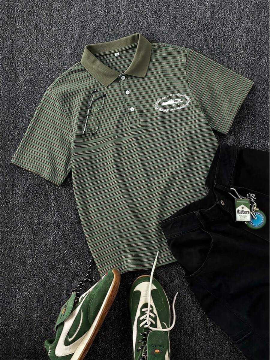 男士夏季細條紋短袖休閒 Polo 衫 - 軍綠色 - 查看 1
