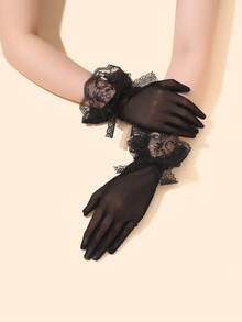 1 par de guantes sin dedos de encaje y malla para mujer, estilo gótico, protección solar transpirable de verano, guantes de encaje con lazo de estética oscura, guantes de tul para boda, guantes de encaje con ribete estilo Lolita - A - Ver 1