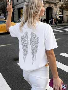 Angel-Wing Outfit For The Bold, Y2K Summer Look For Women, Vacation And Beach Outfits, Women's Casual Round-Neck Short-Sleeve White T-Shirt In Y2K Style - Style1 - View 2