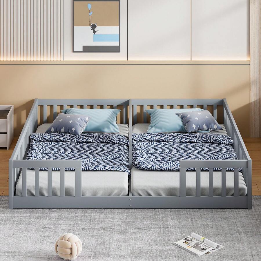 إطار سرير للأطفال 90x200 سم مع حاجز - خشب الصنوبر الطبيعي - رمادي - مشاهدة 1