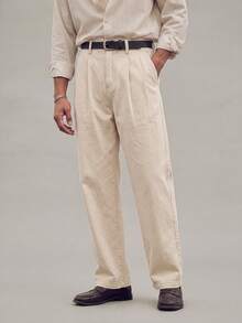Minimalist Solid Pleated Straight Leg Trousers For Men Relax Fit 100% Cotton Formal Work Slacks With Belt Loops (Pants Do Not Include Belt) - Apricot - View 3