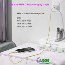 3.3/6.6/10英呎尼龍編織 USB-C 轉 Type-C 快充線，相容 17/16/15 系列 Android 手機，適用室內、戶外、旅行、車用，支援 Power Delivery、數據同步充電線 - 黃色 - 查看 2