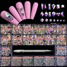 Nail Art Flatback Rhinestones Kit (21 Grids) With 2500pcs Round Rhinestones, 600pcs Flatback Asymmetric Shape Rhinestones, Rhinestone Picker Pen, For Diy Nail Art Decoration - 彩色 - 查看 6