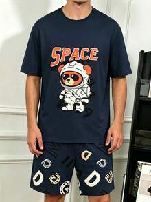 Men's Solid Color Crew Neck Cartoon Astronaut Bear Print Short Sleeve Letter Print Shorts 2-Piece Set Cute Comfortable Loungewear - Multicolor - View 5