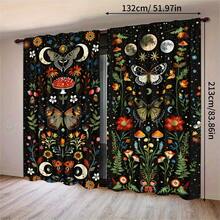 2pcs Bohemian Vintage Moon Phase Butterfly Mushroom Pattern Printed Semi-Sheer Curtains, 90GSM Polyester Semi-Sheer Privacy Protection, Easy Installation, Quick Dry, Washable, Non-Fading, Lightweight Removable Curtains, Suitable For Home, Room, Kitchen And Other Partitions Or Decoration - Multicolor - View 13